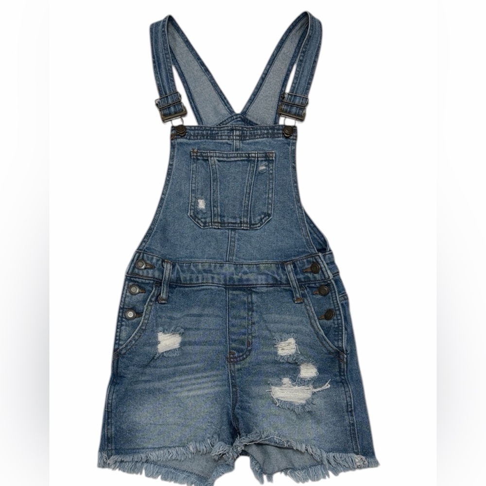 SO Distressed Denim Short Overalls Stretch Mom Style Blue XS